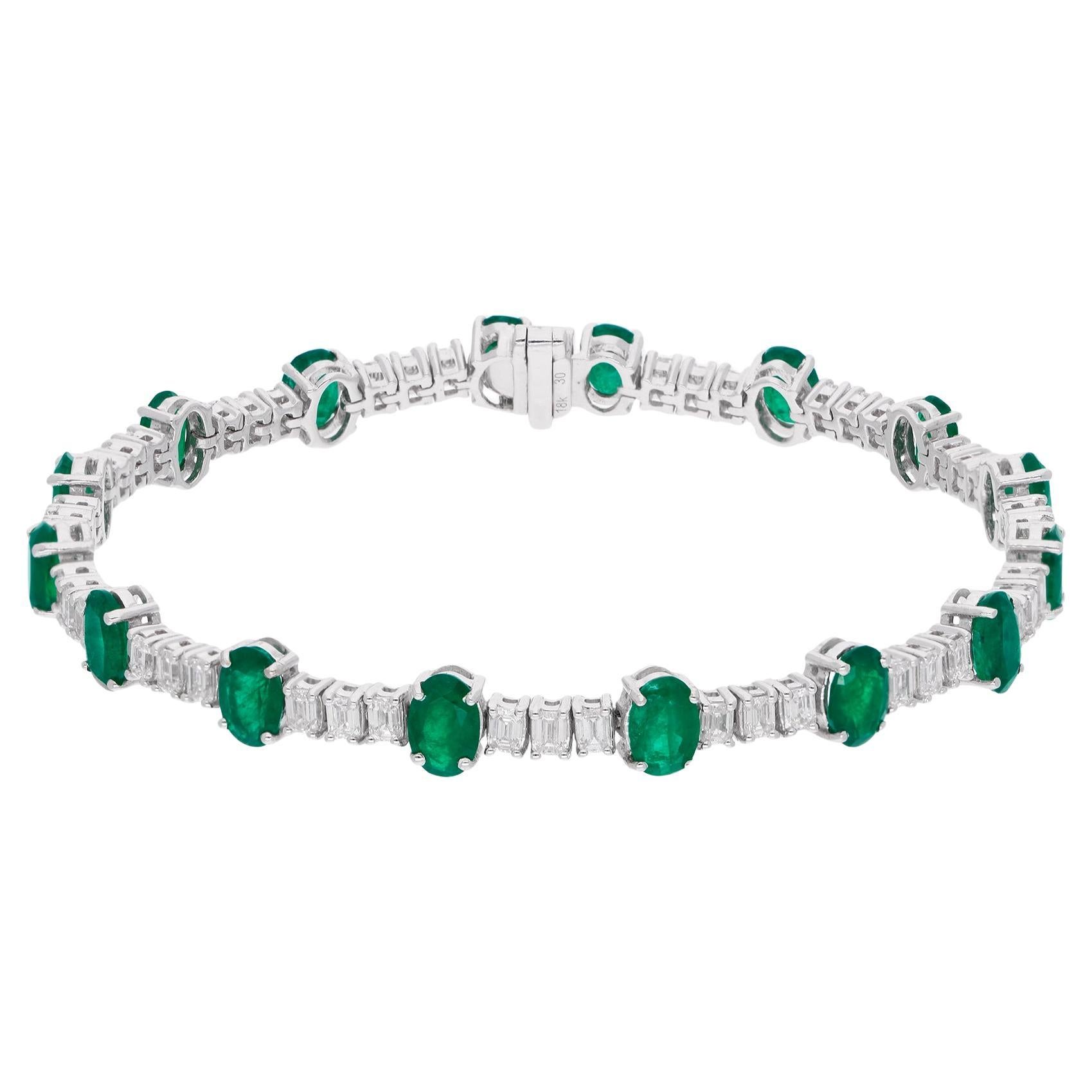 Pulsera Línea Esmeralda Ovalada de Zambia y Diamantes de Oro Blanco de 18 Kilates