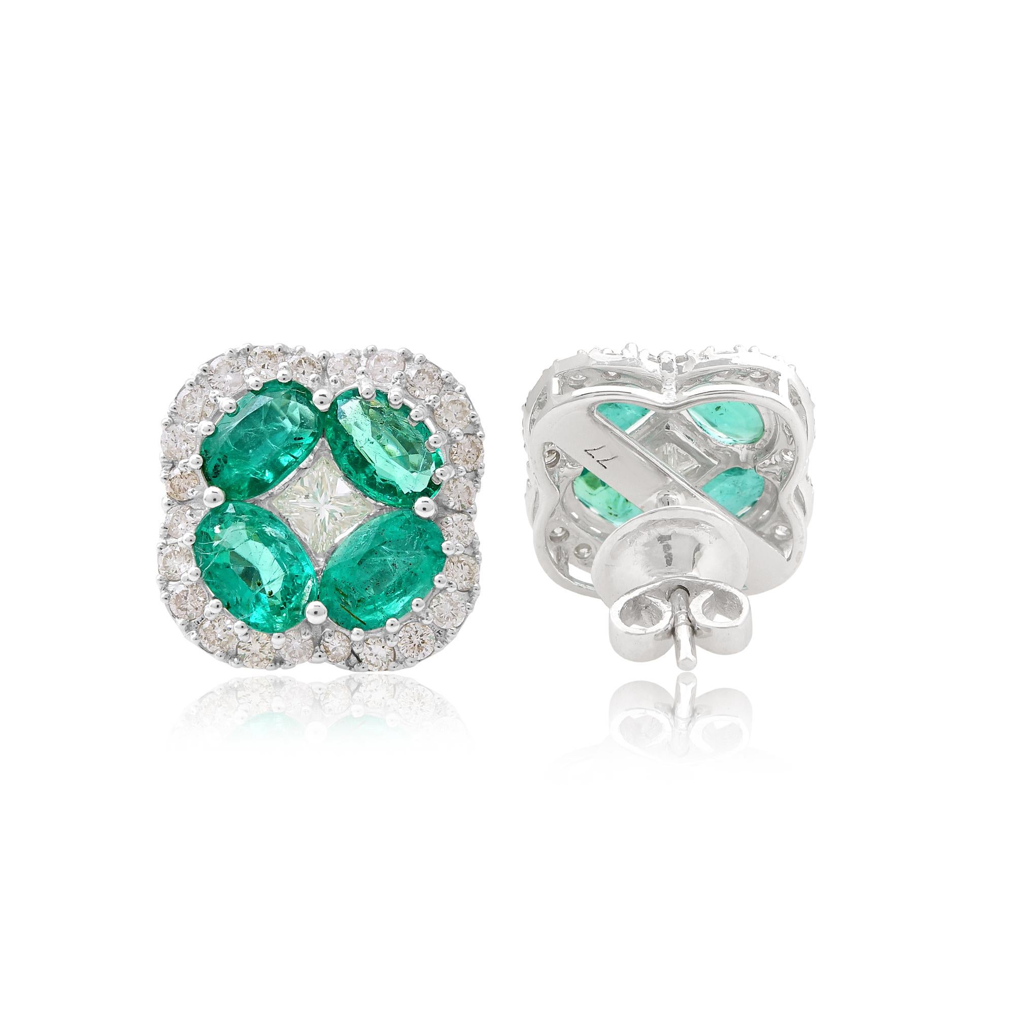Item Code :- SEE-11790
Gross Wt. :- 6.10 gm
Solid 18k White Gold Wt. :- 5.21 gm
Natural Diamond Wt. :- 1.11 ct.  ( AVERAGE DIAMOND CLARITY SI1-SI2 & COLOR H-I )
Natural Emerald Wt. :- 3.33 ct.
Earrings Size :- 14x14 mm approx.

✦