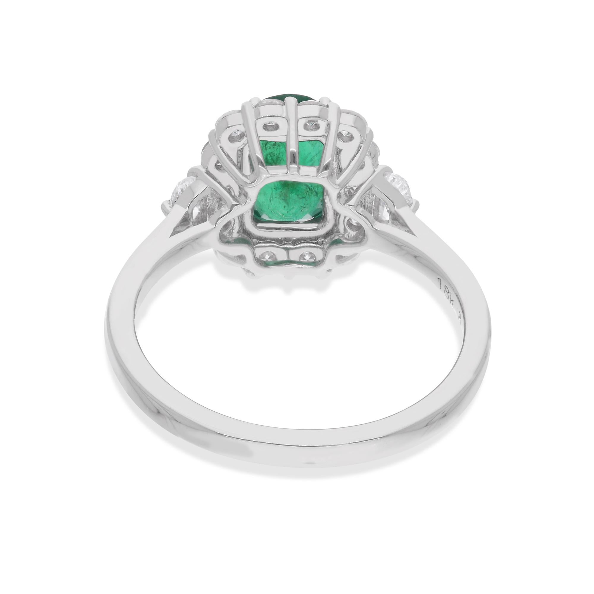 Modern Oval Zambian Emerald Cocktail Ring Diamond 14 Karat White Gold Handmade Jewelry For Sale