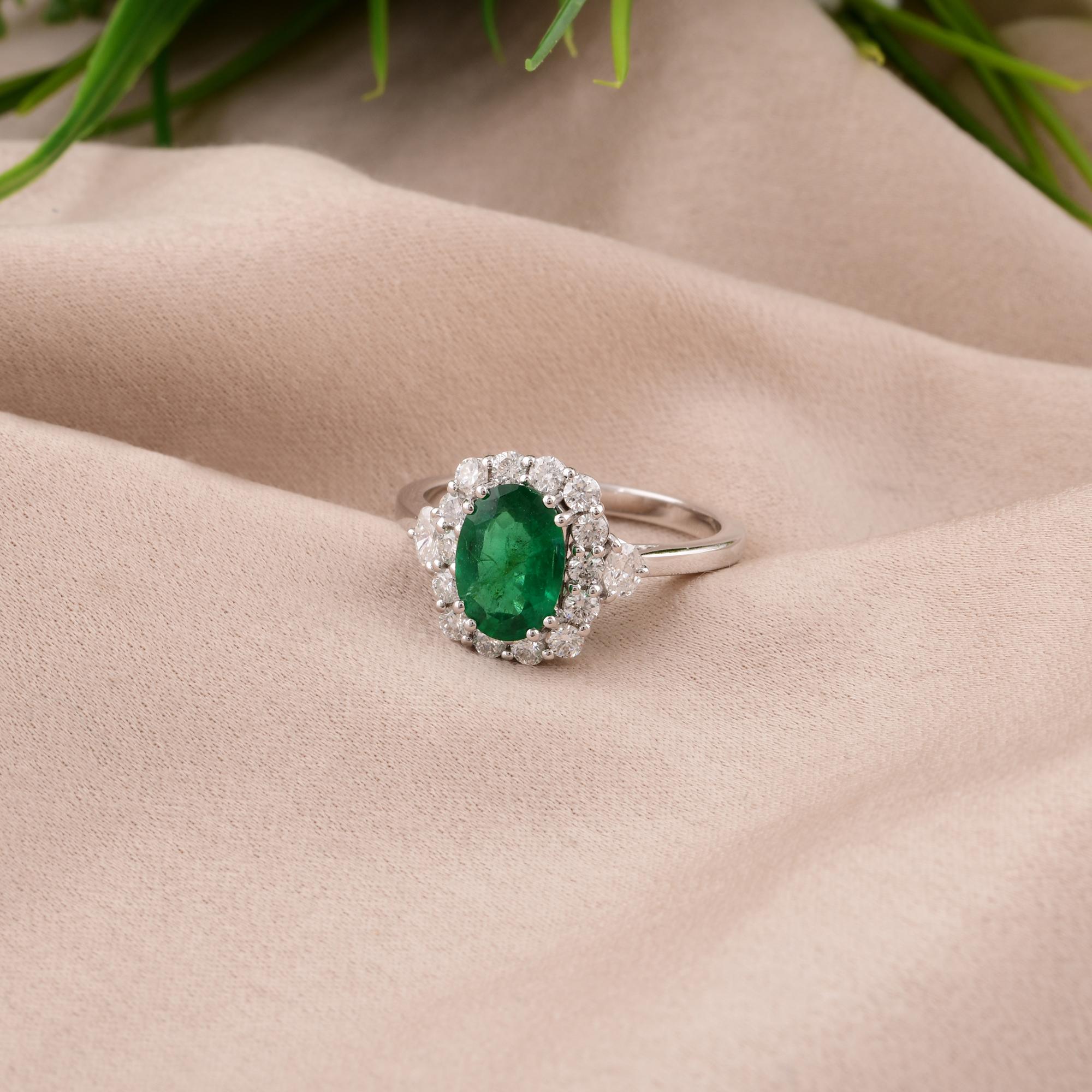 Oval Cut Oval Zambian Emerald Cocktail Ring Diamond 14 Karat White Gold Handmade Jewelry For Sale