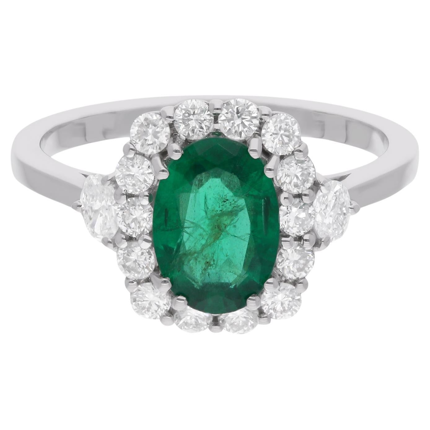 Oval Zambian Emerald Cocktail Ring Diamond 14 Karat White Gold Handmade Jewelry For Sale