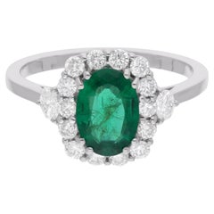 Oval Zambian Emerald Cocktail Ring Diamond 14 Karat White Gold Handmade Jewelry