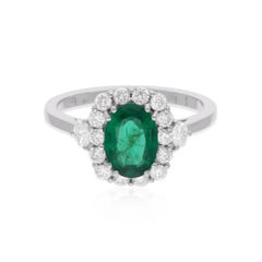 Oval Zambian Emerald Cocktail Ring Diamond 18 Karat White Gold Handmade Jewelry