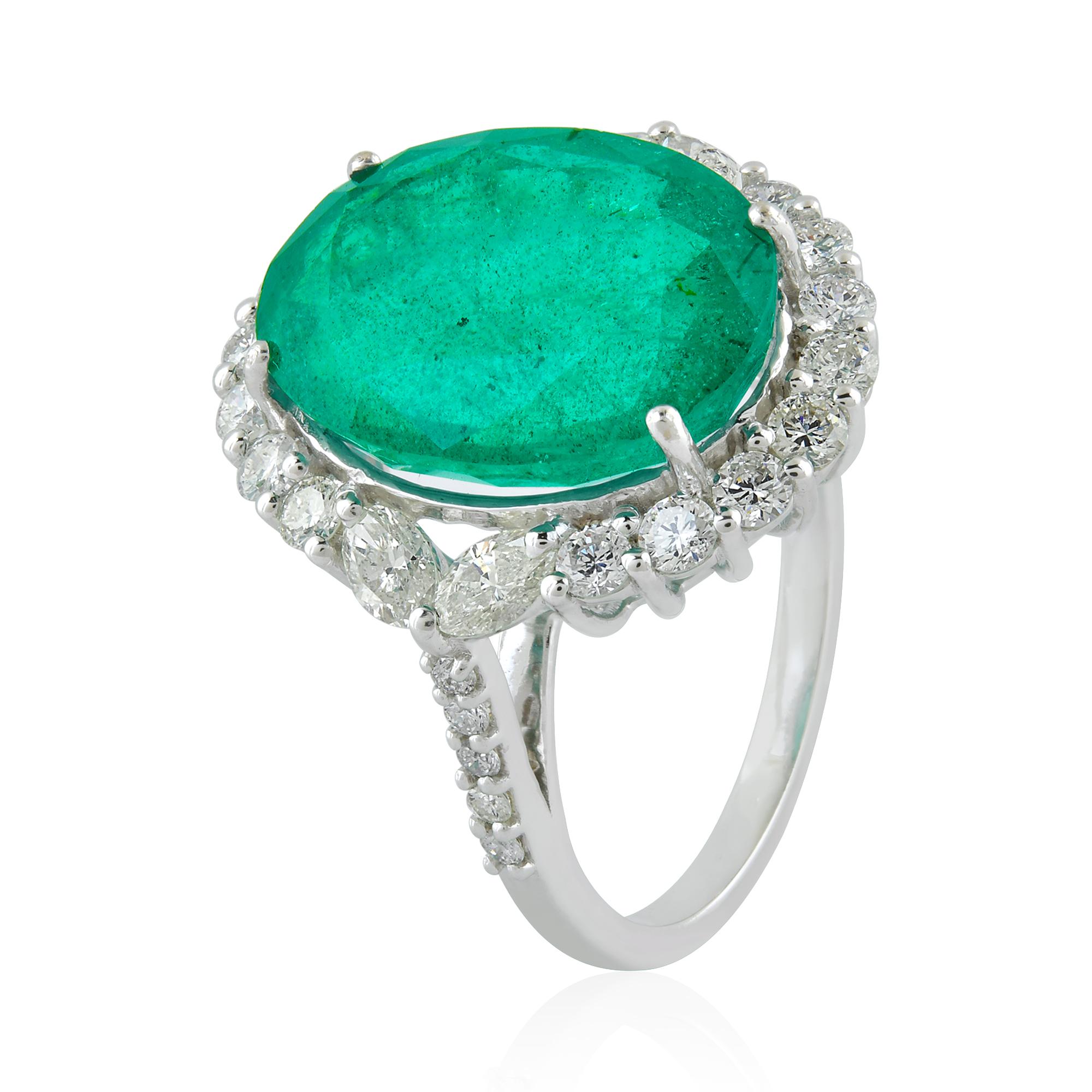 For Sale:  Oval Zambian Emerald Cocktail Ring Diamond Pave 18 Karat White Gold Fine Jewelry 4