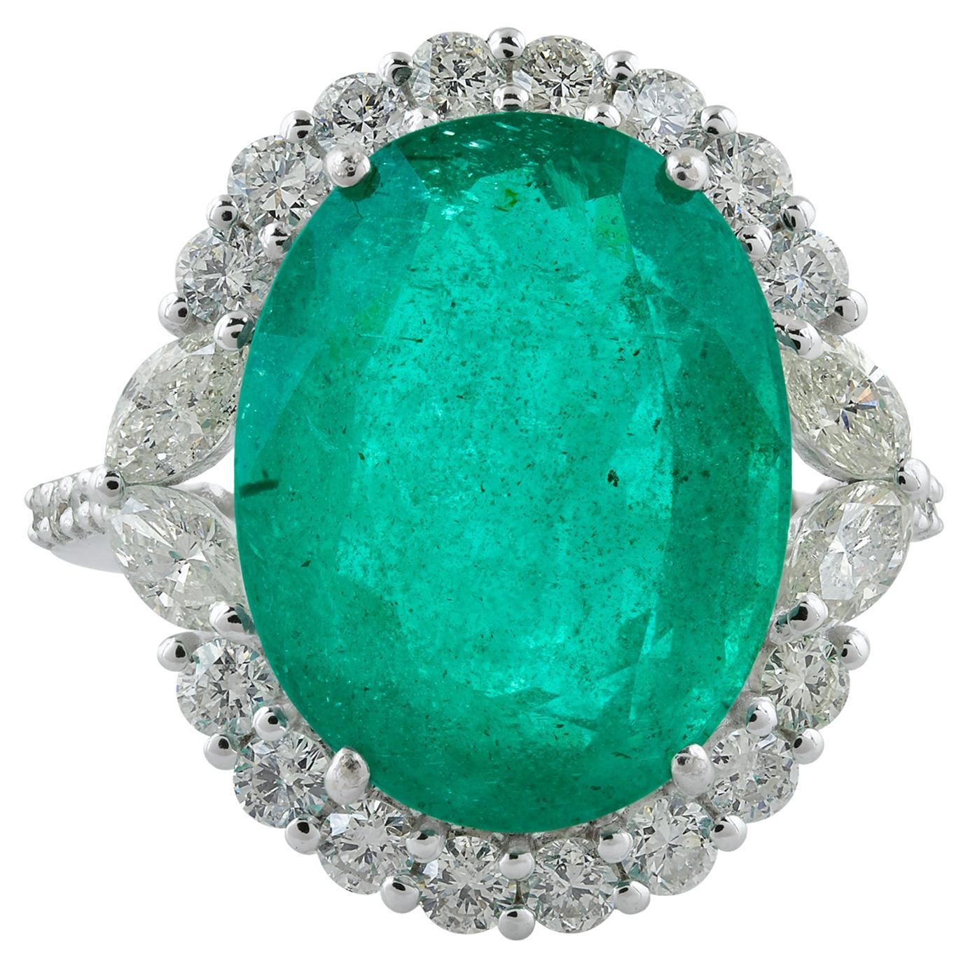 Oval Zambian Emerald Cocktail Ring Diamond Pave 18 Karat White Gold Fine Jewelry