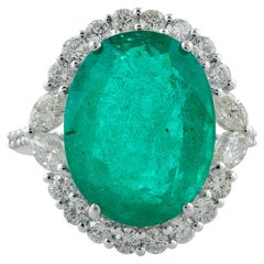 Oval Zambian Emerald Cocktail Ring Diamond Pave 18 Karat White Gold Fine Jewelry