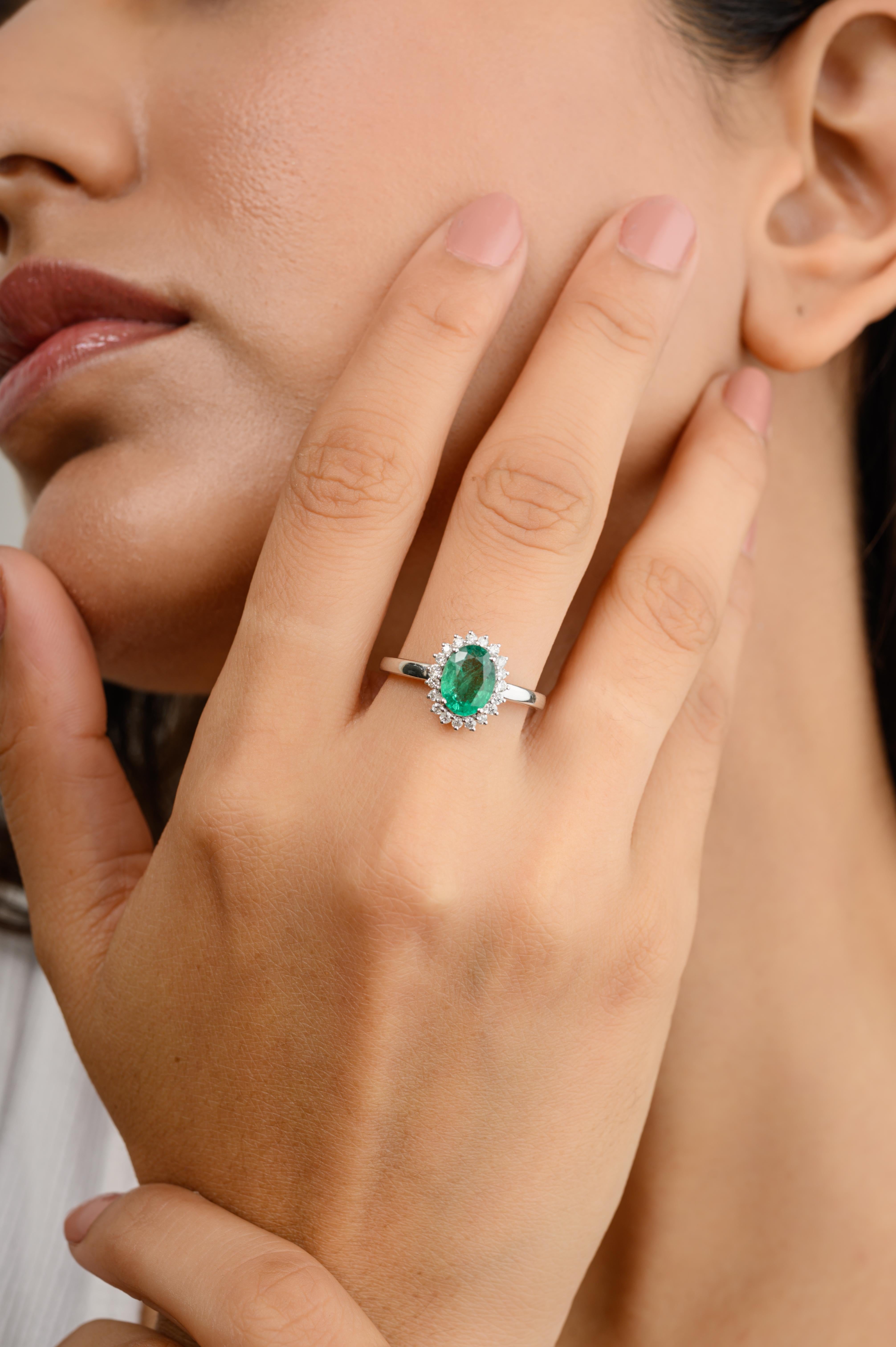 For Sale:  Oval Zambian Emerald Diamond Halo Engagement Ring in 14k Solid White Gold 2