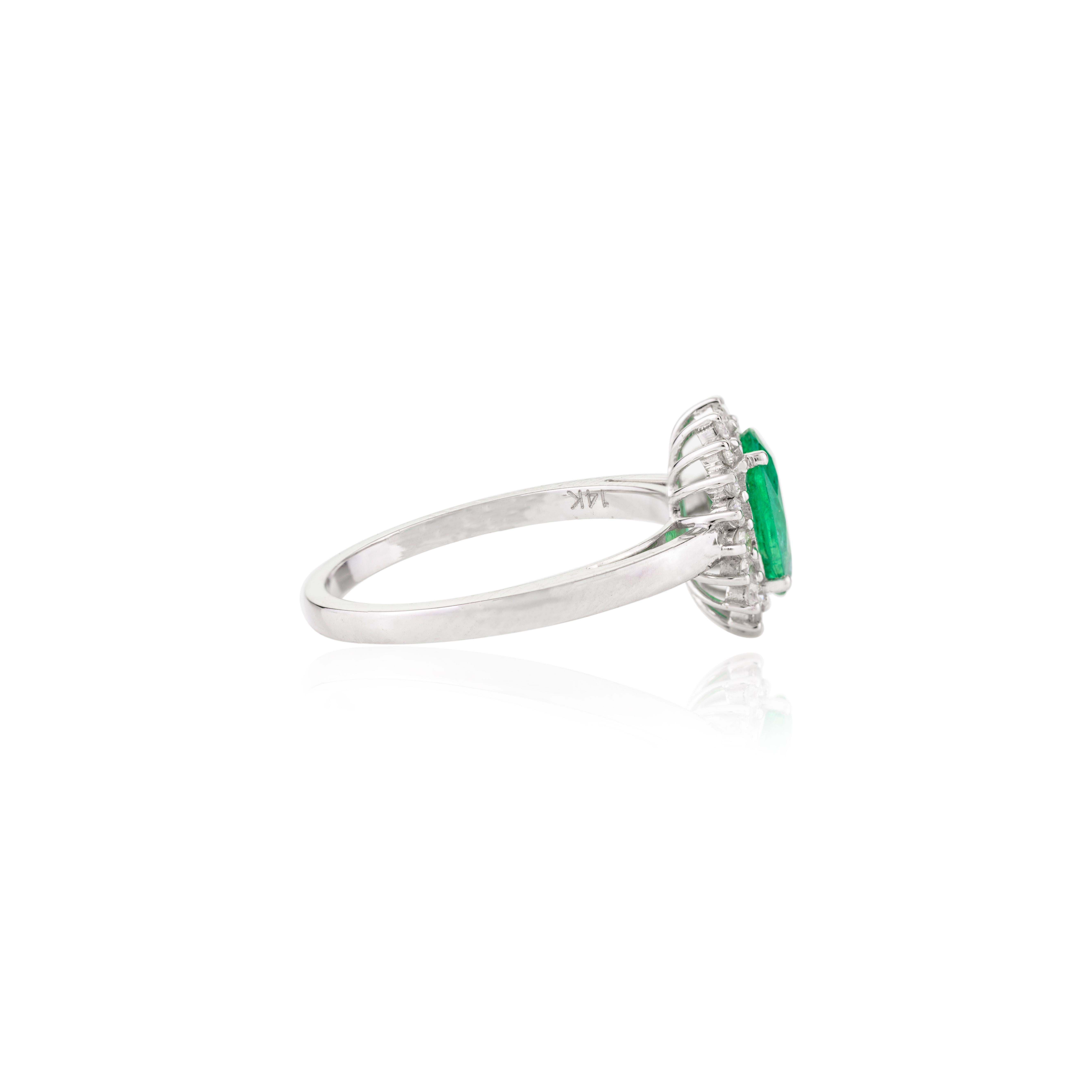 For Sale:  Oval Zambian Emerald Diamond Halo Engagement Ring in 14k Solid White Gold 3