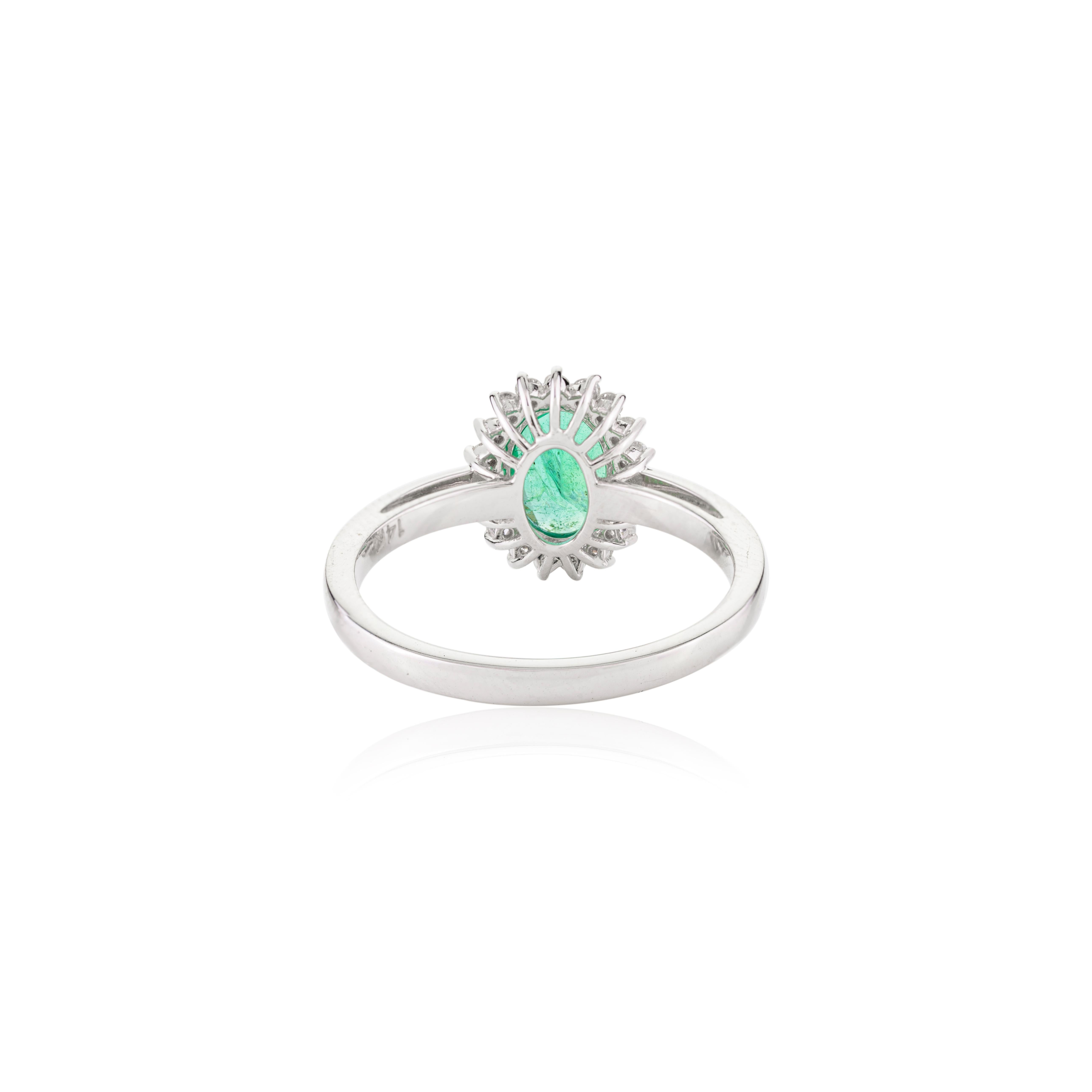 For Sale:  Oval Zambian Emerald Diamond Halo Engagement Ring in 14k Solid White Gold 5