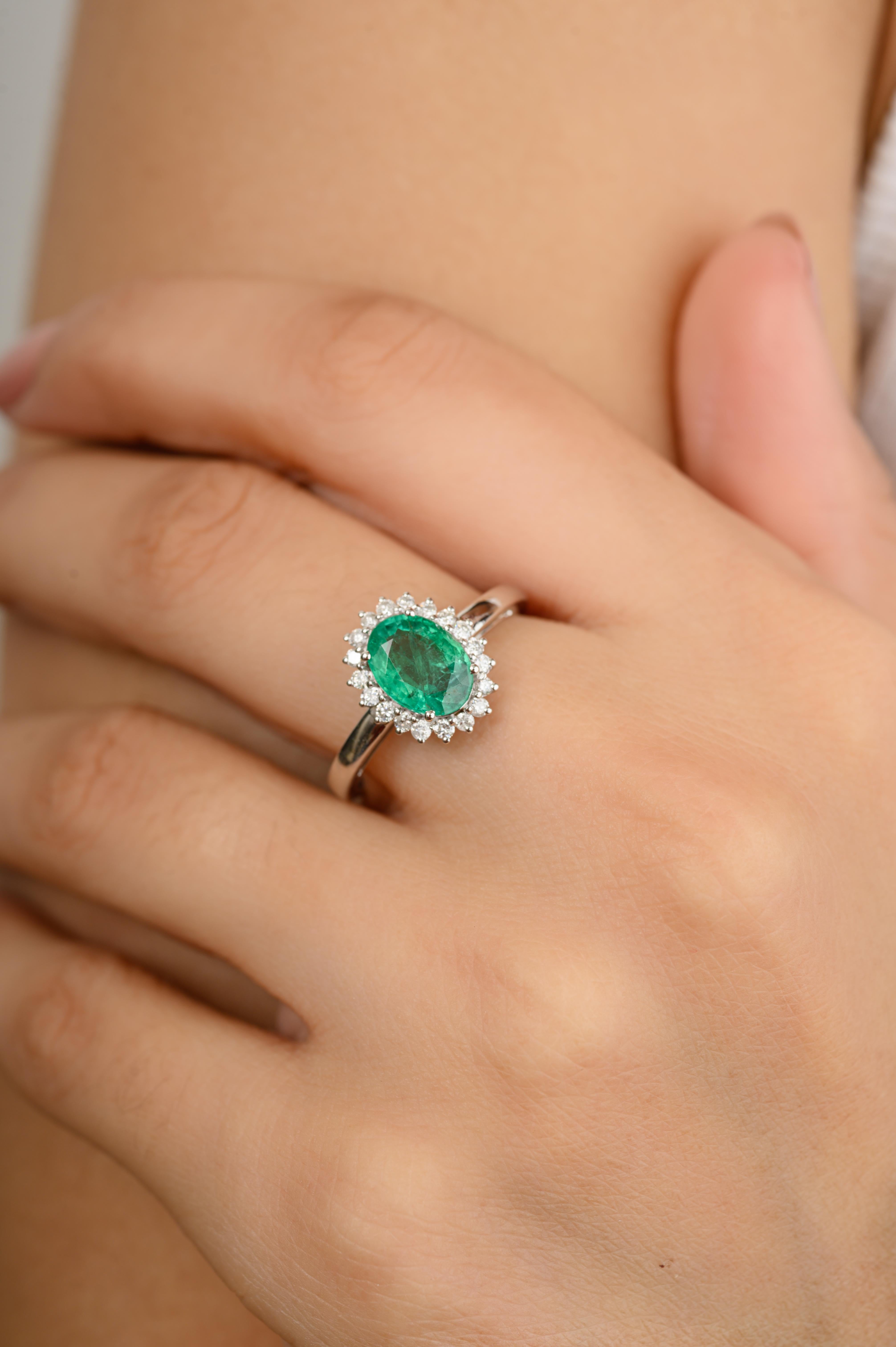For Sale:  Oval Zambian Emerald Diamond Halo Engagement Ring in 14k Solid White Gold 6