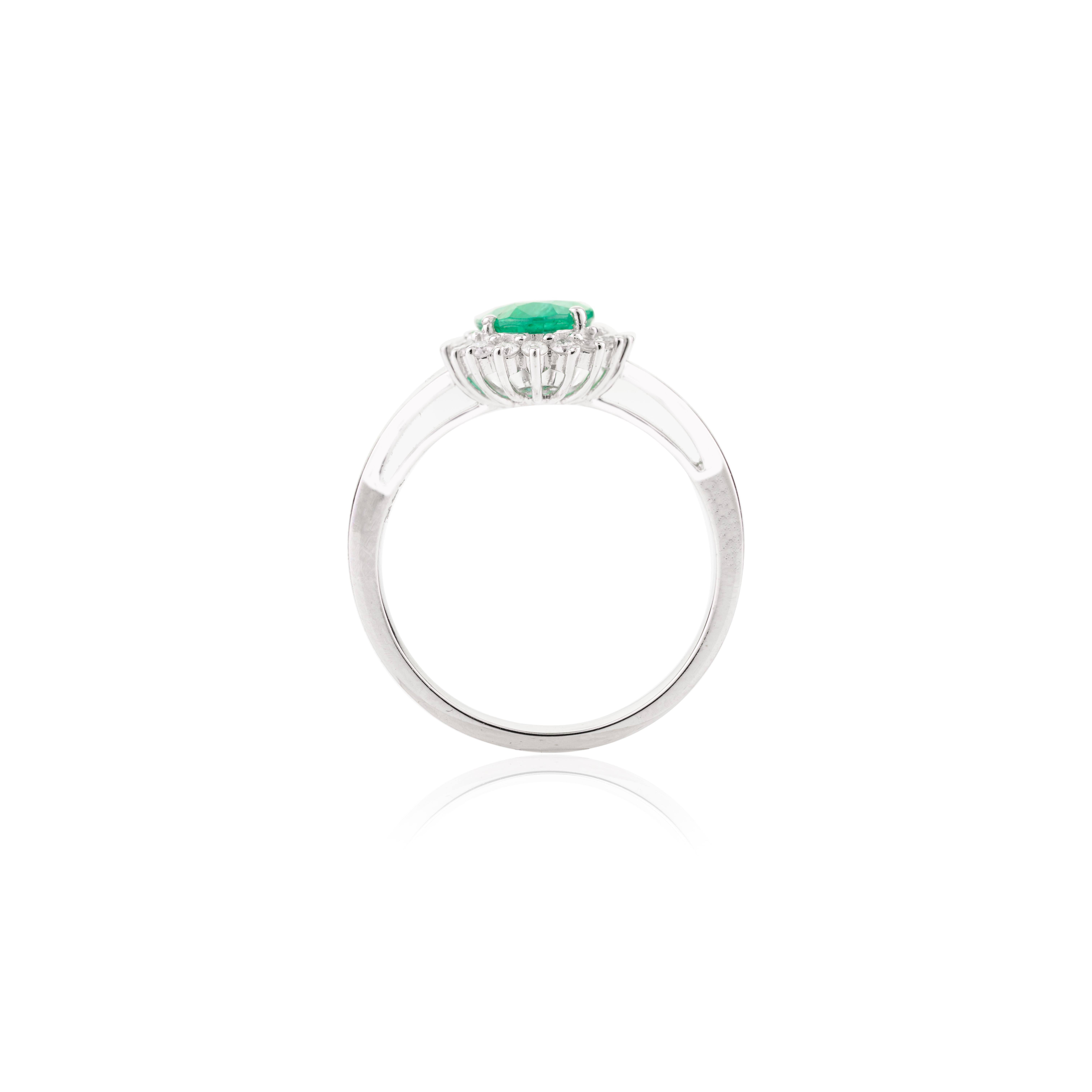 For Sale:  Oval Zambian Emerald Diamond Halo Engagement Ring in 14k Solid White Gold 8