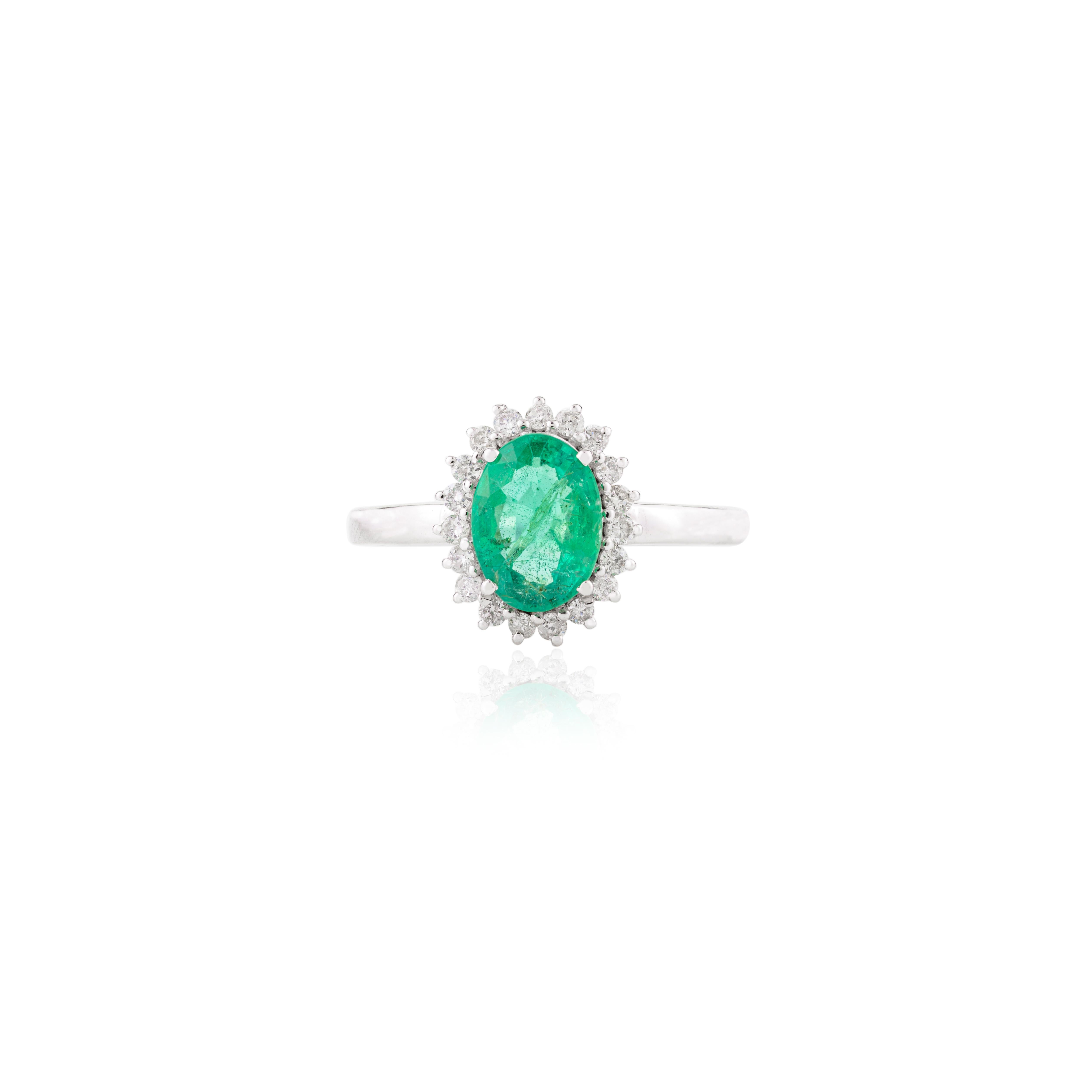 For Sale:  Oval Zambian Emerald Diamond Halo Engagement Ring in 14k Solid White Gold 9