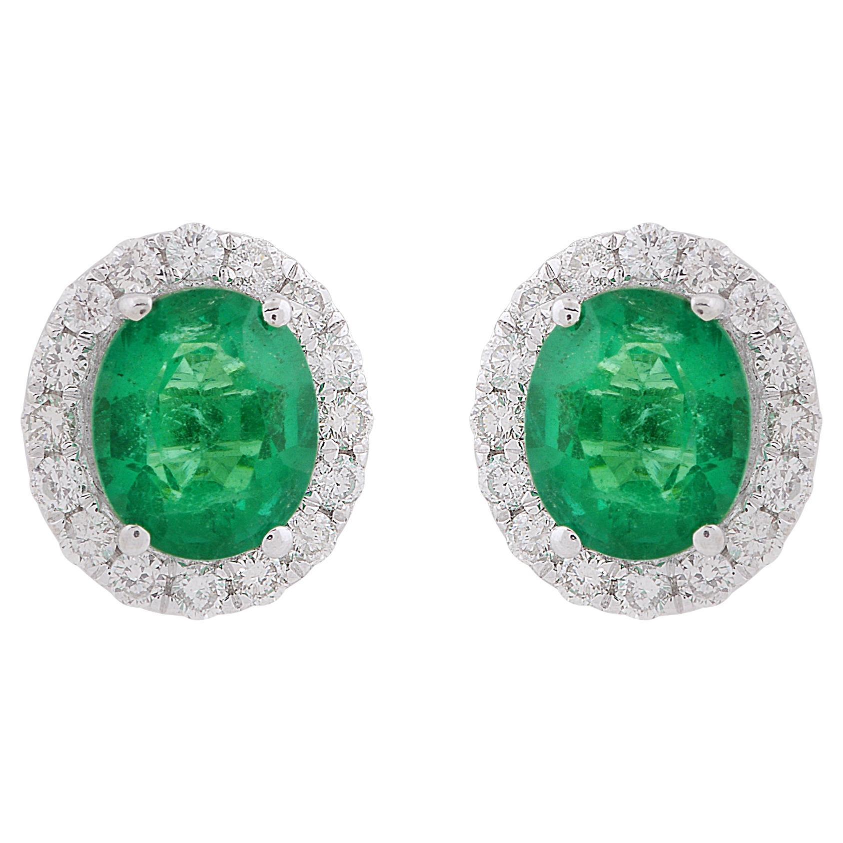 Orecchini ovali con gemma di smeraldo dello Zambia Diamante Orecchini in oro bianco 14 carati