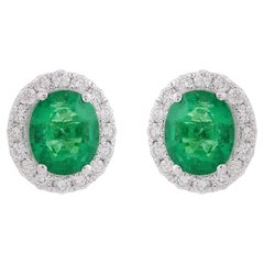 Orecchini ovali con gemma di smeraldo dello Zambia Diamante Orecchini in oro bianco 14 carati