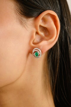 Oval Zambian Emerald Double Halo Diamond Stud Earrings Gift 14k Solid White Gold