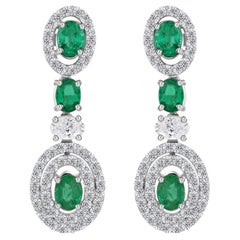 Oval Zambian Emerald Earrings SI/H Diamond Earrings 18 Karat White Gold Jewelry