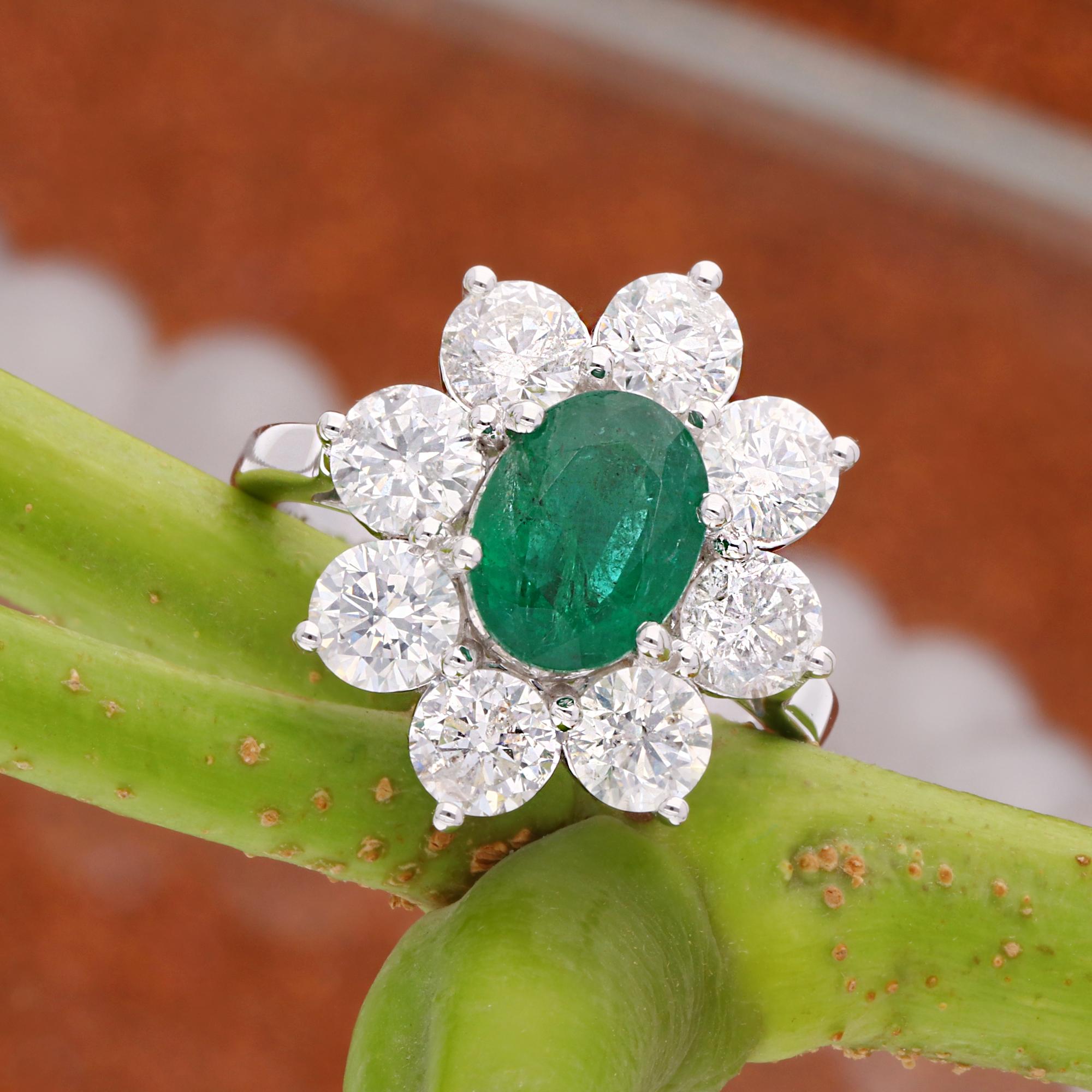 For Sale:  Oval Natural Emerald Flower Ring Round Diamond 18 Karat White Gold Fine Jewelry 2