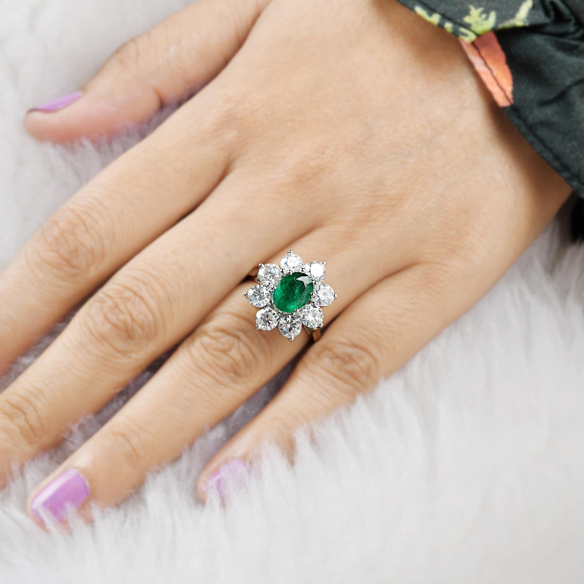 For Sale:  Oval Natural Emerald Flower Ring Round Diamond 18 Karat White Gold Fine Jewelry 3