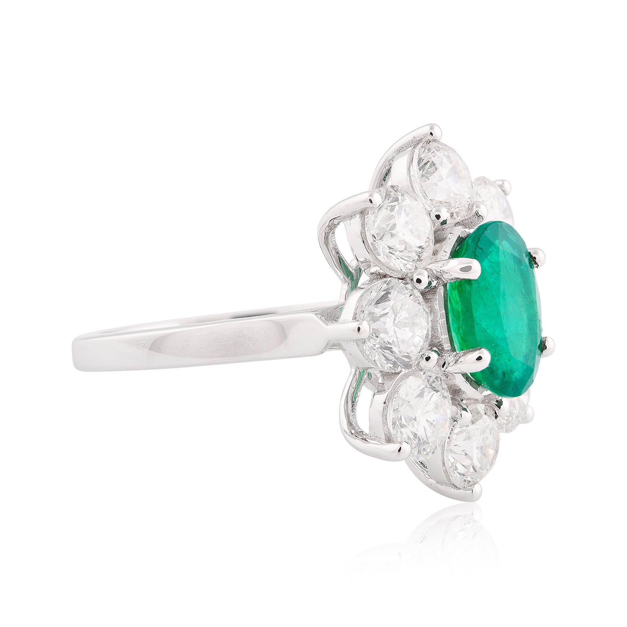 For Sale:  Oval Natural Emerald Flower Ring Round Diamond 18 Karat White Gold Fine Jewelry 5