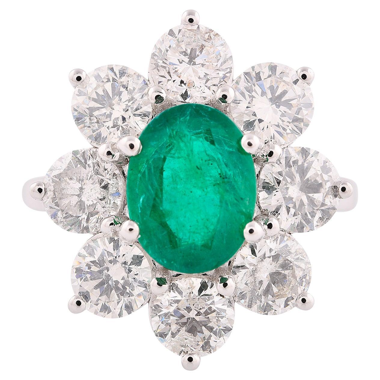 Oval Natural Emerald Flower Ring Round Diamond 18 Karat White Gold Fine Jewelry