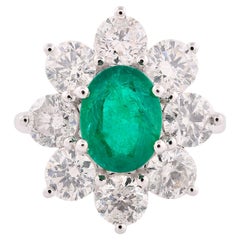 Oval Natural Emerald Flower Ring Round Diamond 18 Karat White Gold Fine Jewelry
