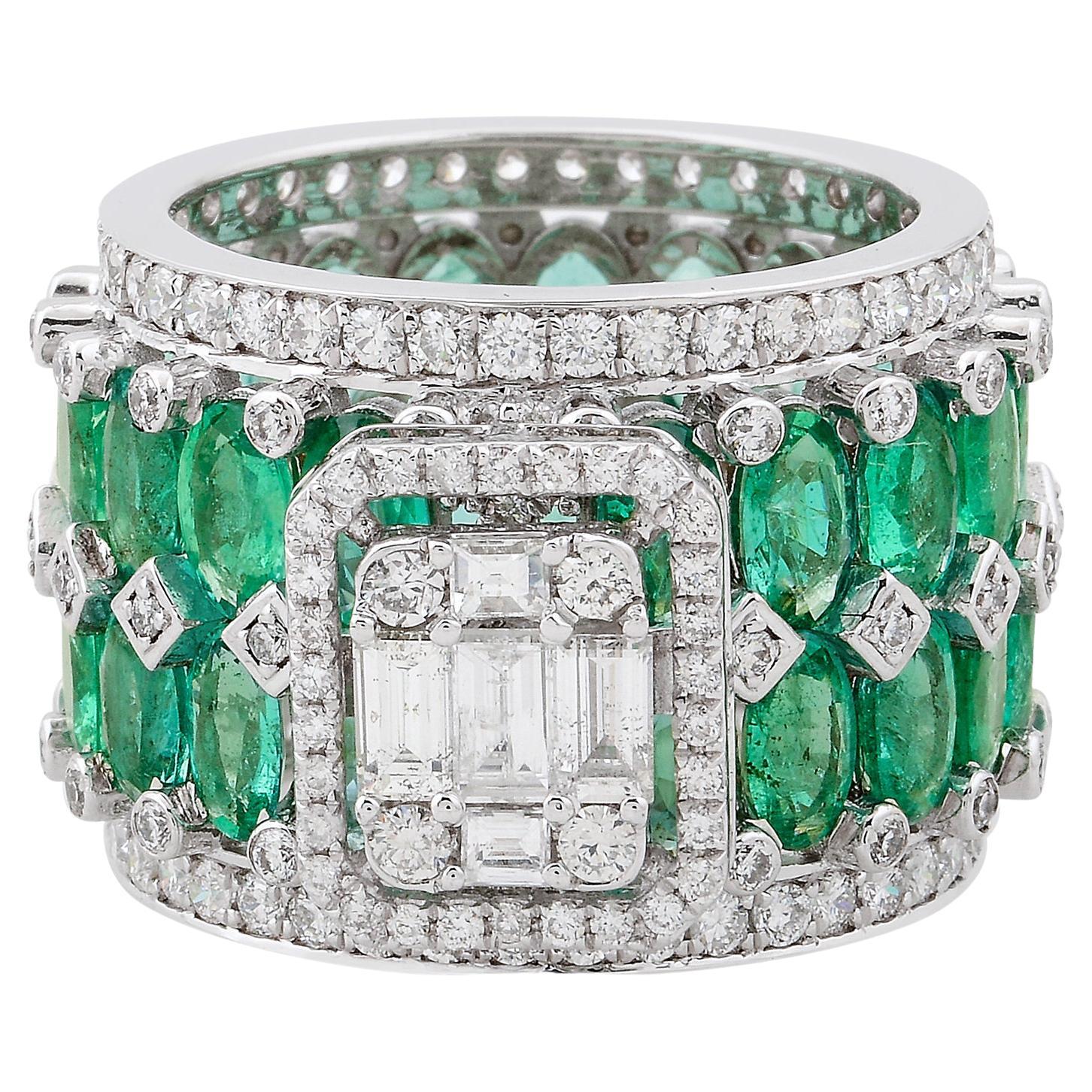 Oval Natural Emerald Gemstone Band Ring Baguette Diamond 18k White Gold Jewelry