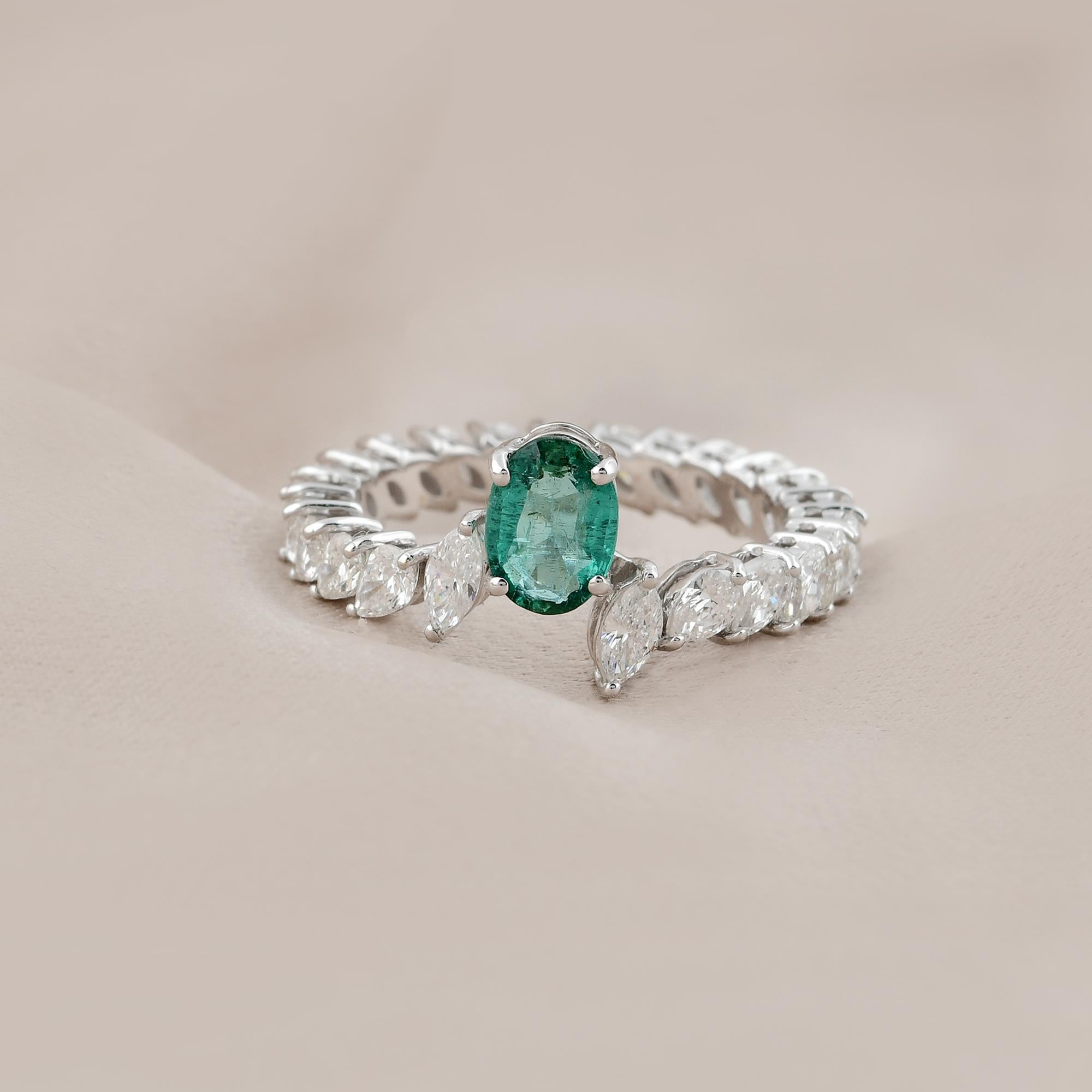 For Sale:  Oval Zambian Emerald Gemstone Band Ring Pear Marquise Diamond 18 Kt White Gold 4