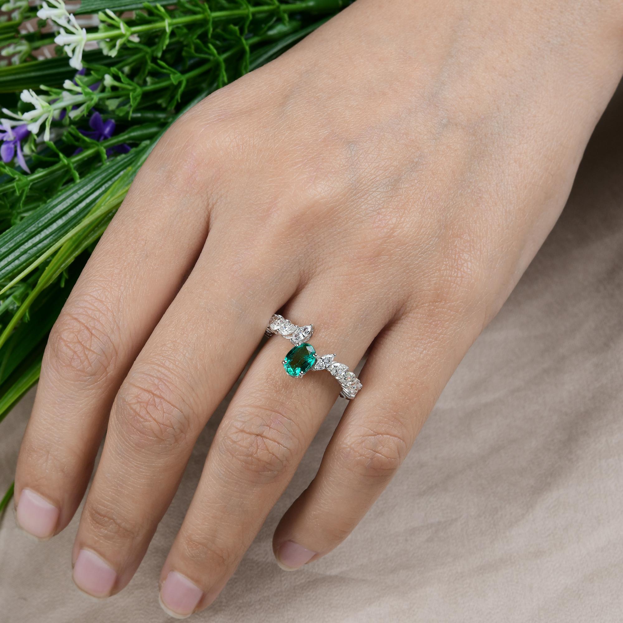 For Sale:  Oval Zambian Emerald Gemstone Band Ring Pear Marquise Diamond 18 Kt White Gold 5