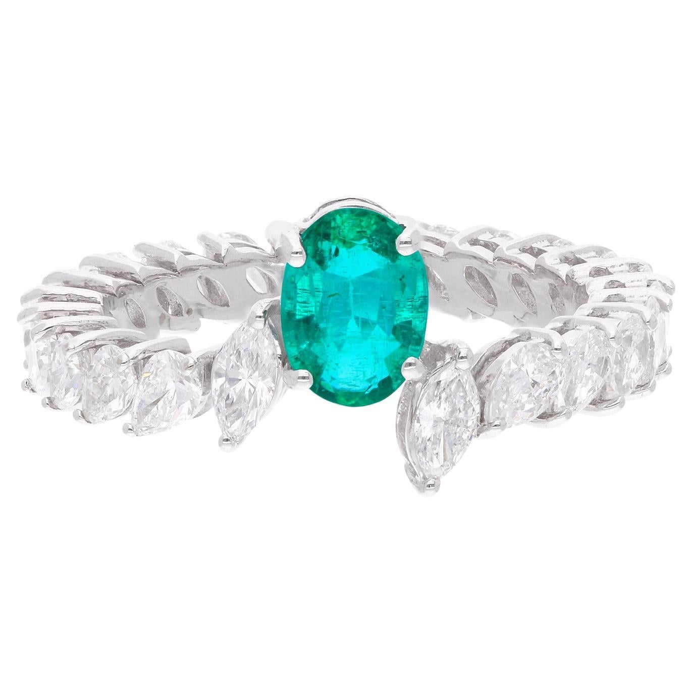 Oval Zambian Emerald Gemstone Band Ring Pear Marquise Diamond 18 Kt White Gold