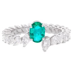 Oval Zambian Emerald Gemstone Band Ring Pear Marquise Diamond 18 Kt White Gold