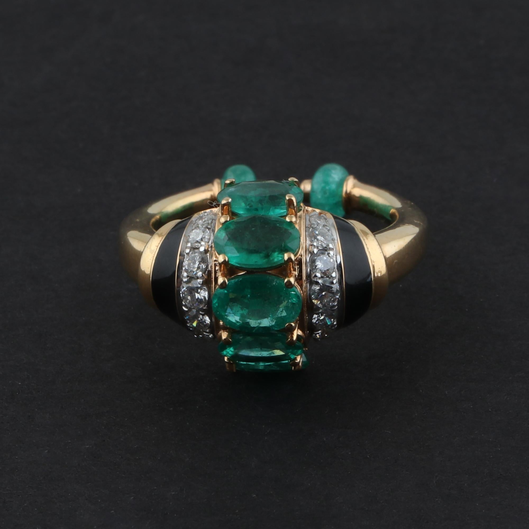 Modern Oval Natural Emerald Gemstone Black Enamel Cuff Ring Diamond 18 Kt Yellow Gold For Sale