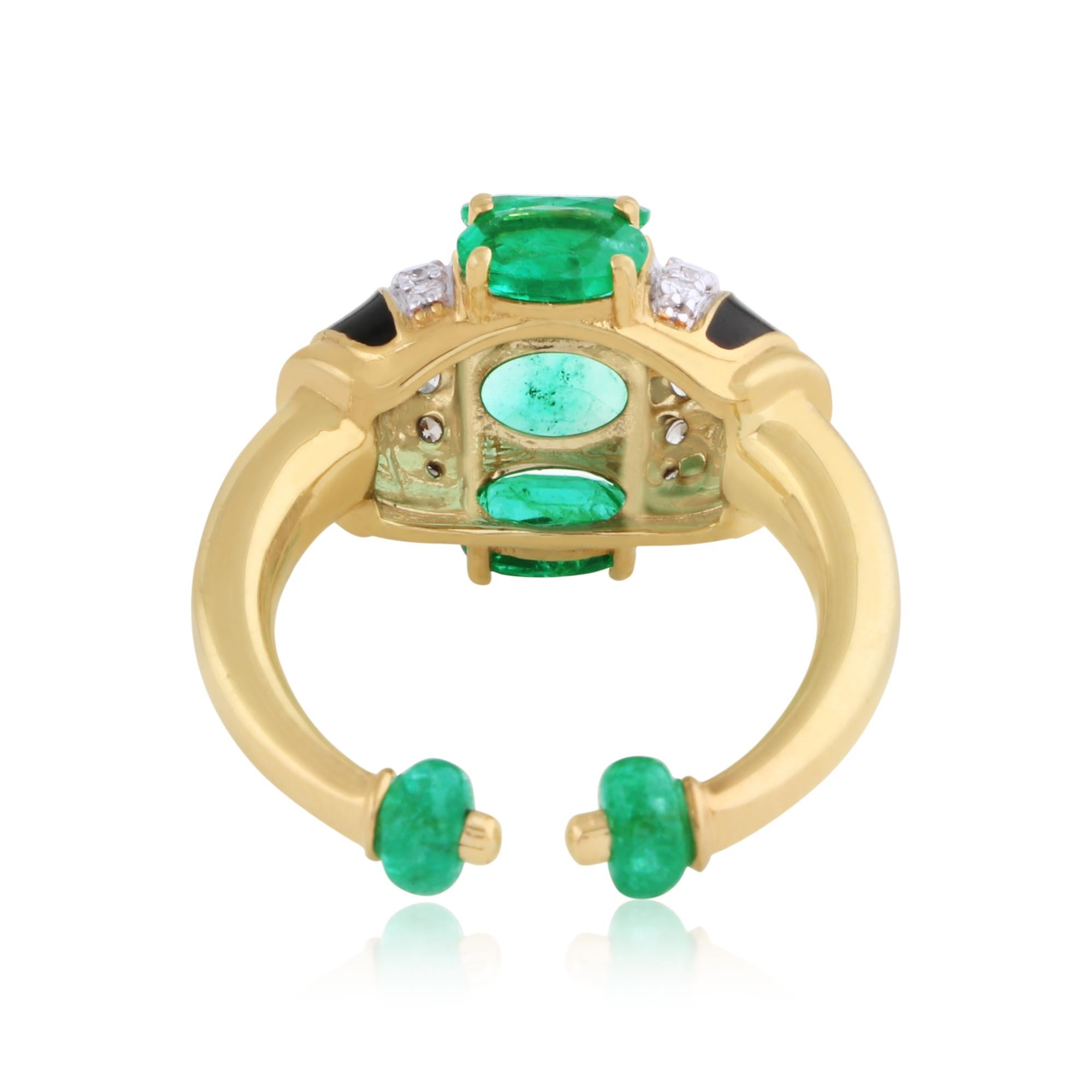 Women's Oval Natural Emerald Gemstone Black Enamel Cuff Ring Diamond 18 Kt Yellow Gold For Sale