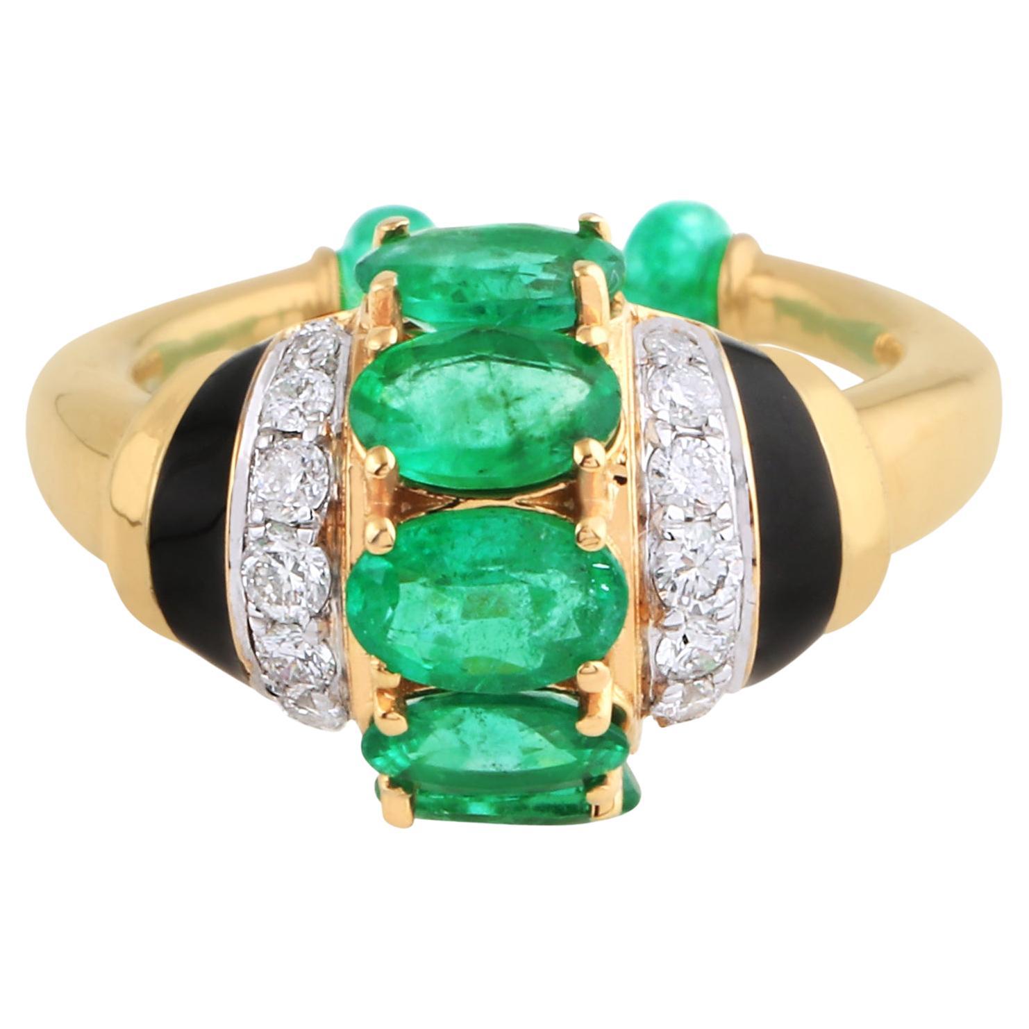 Oval Natural Emerald Gemstone Black Enamel Cuff Ring Diamond 18 Kt Yellow Gold For Sale