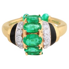 Oval Natural Emerald Gemstone Black Enamel Cuff Ring Diamond 18 Kt Yellow Gold