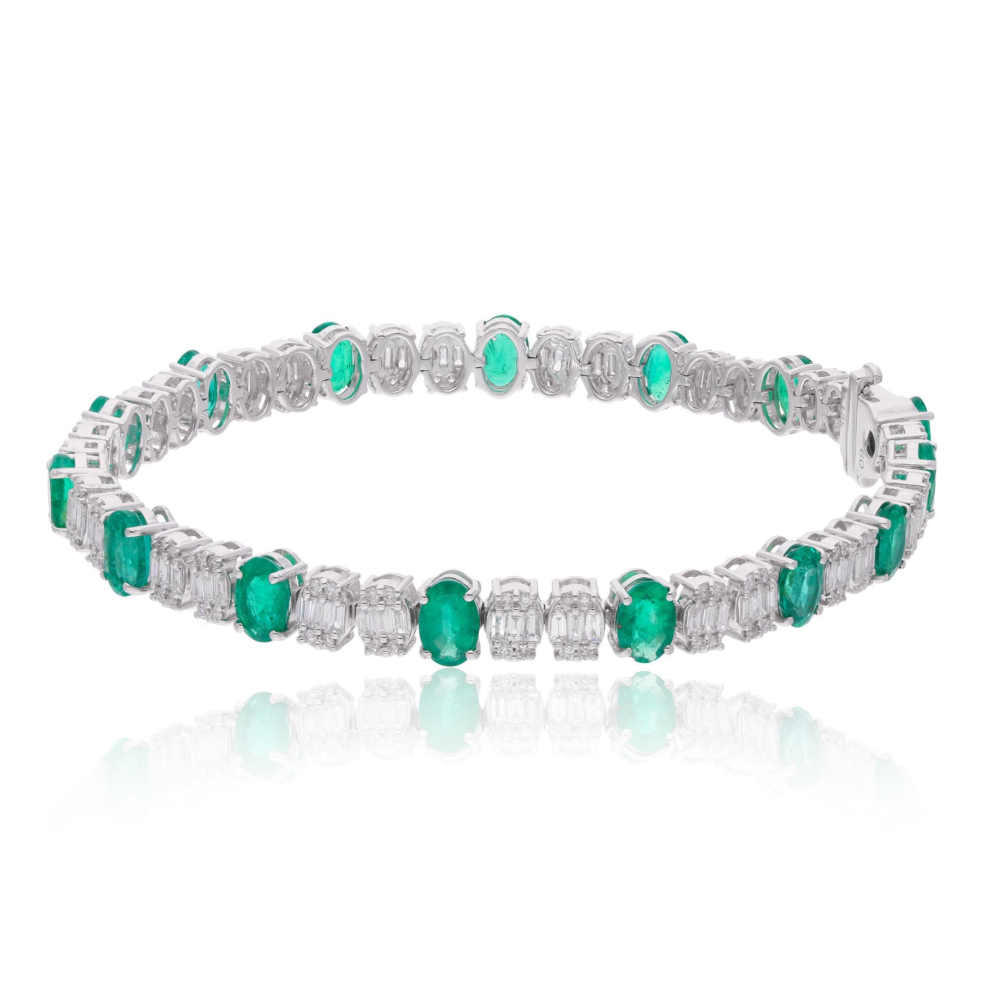 Modern Oval Zambian Emerald Gemstone Bracelet Baguette Diamond 14 Kt White Gold Jewelry For Sale