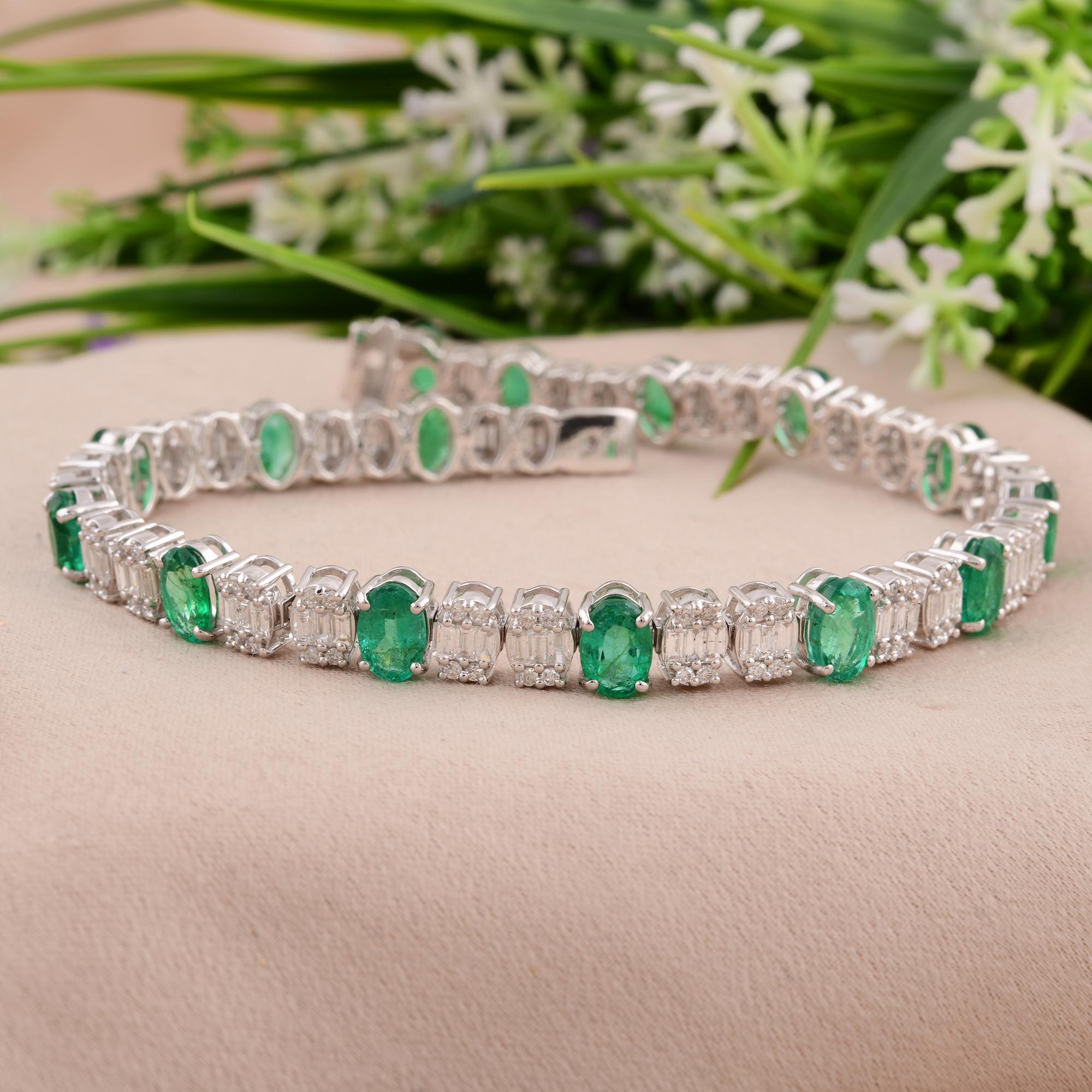 Women's Oval Zambian Emerald Gemstone Bracelet Baguette Diamond 14 Kt White Gold Jewelry For Sale