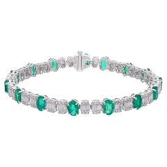 Oval Zambian Emerald Gemstone Bracelet Baguette Diamond 14 Kt White Gold Jewelry