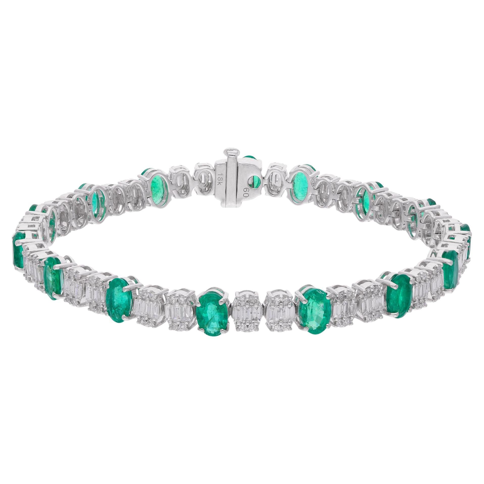 Oval Zambian Emerald Gemstone Bracelet Baguette Diamond 18 Kt White Gold Jewelry For Sale