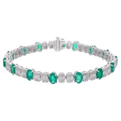 Oval Zambian Emerald Gemstone Bracelet Baguette Diamond 18 Kt White Gold Jewelry