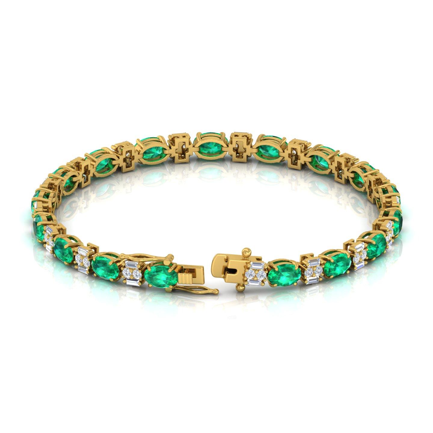 Oval Cut Oval Natural Emerald Gemstone Bracelet Diamond 18 Karat Yellow Gold Fine Jewelry For Sale