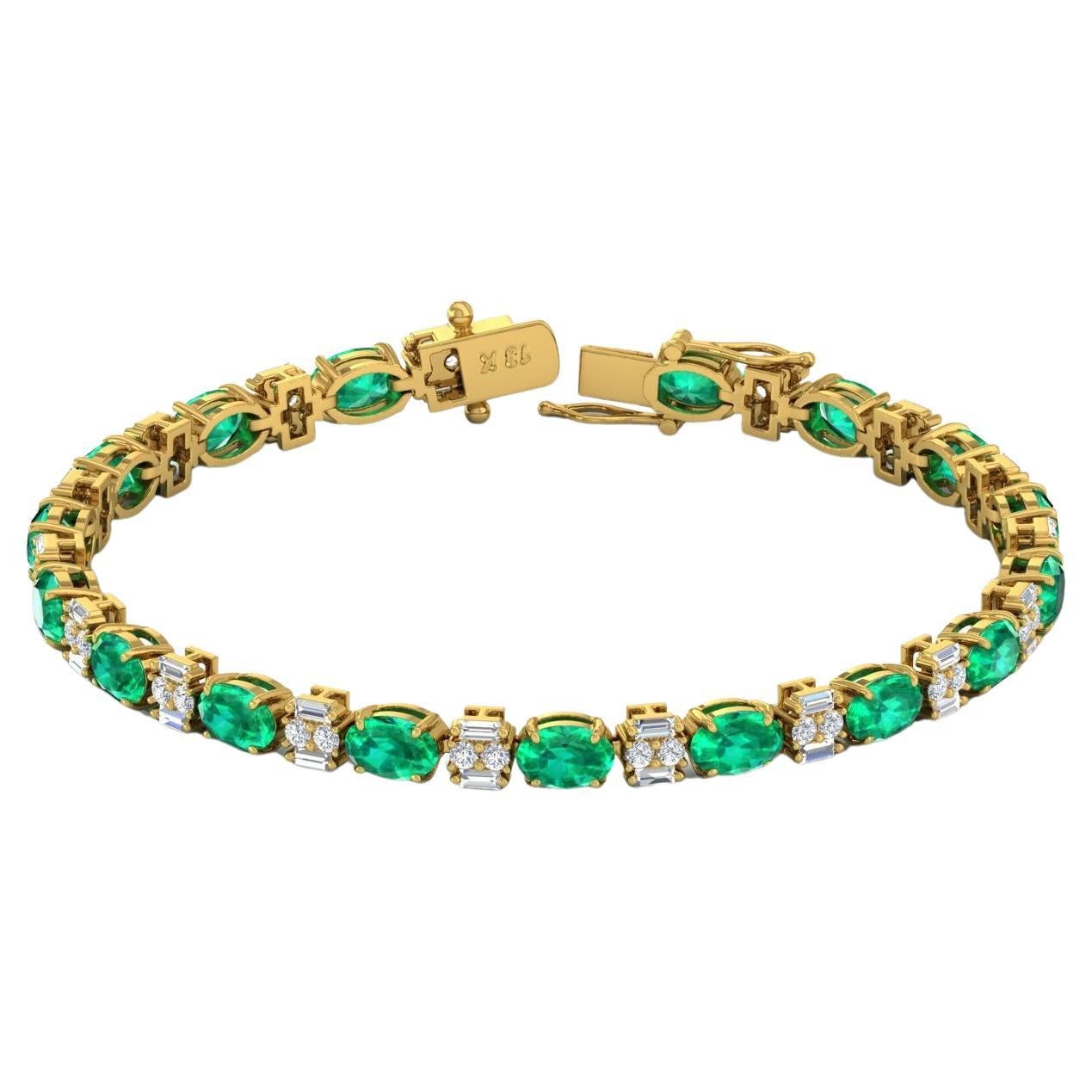 Oval Natural Emerald Gemstone Bracelet Diamond 18 Karat Yellow Gold Fine Jewelry For Sale