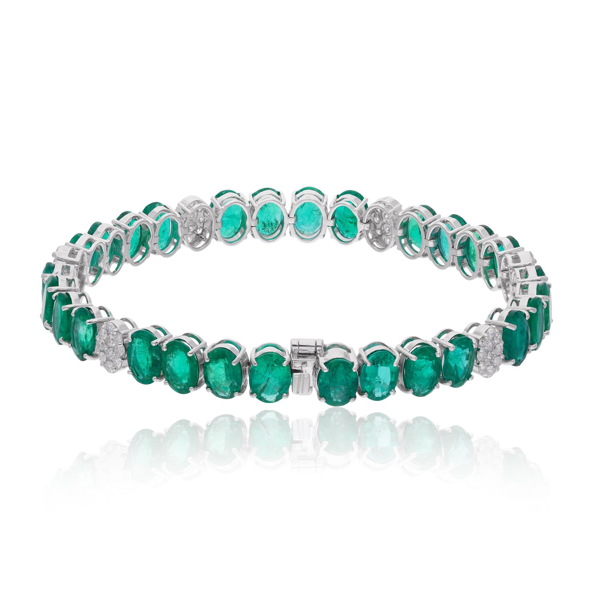 Modern Oval Zambian Emerald Gemstone Bracelet Diamond Pave 18 Karat White Gold Jewelry For Sale
