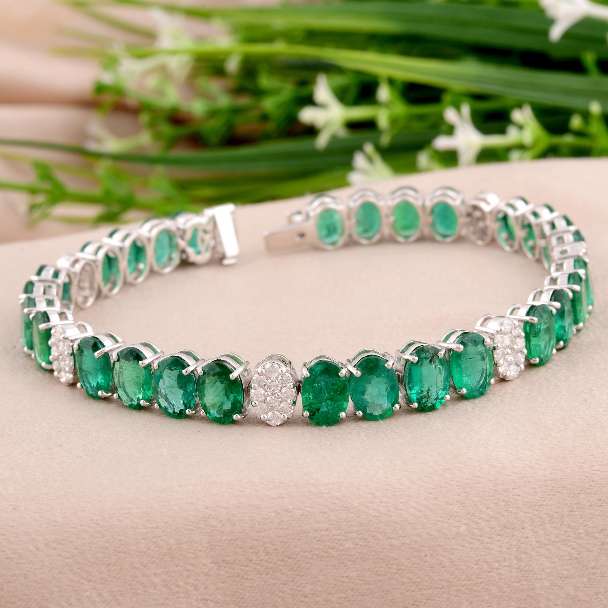 Women's Oval Zambian Emerald Gemstone Bracelet Diamond Pave 18 Karat White Gold Jewelry For Sale