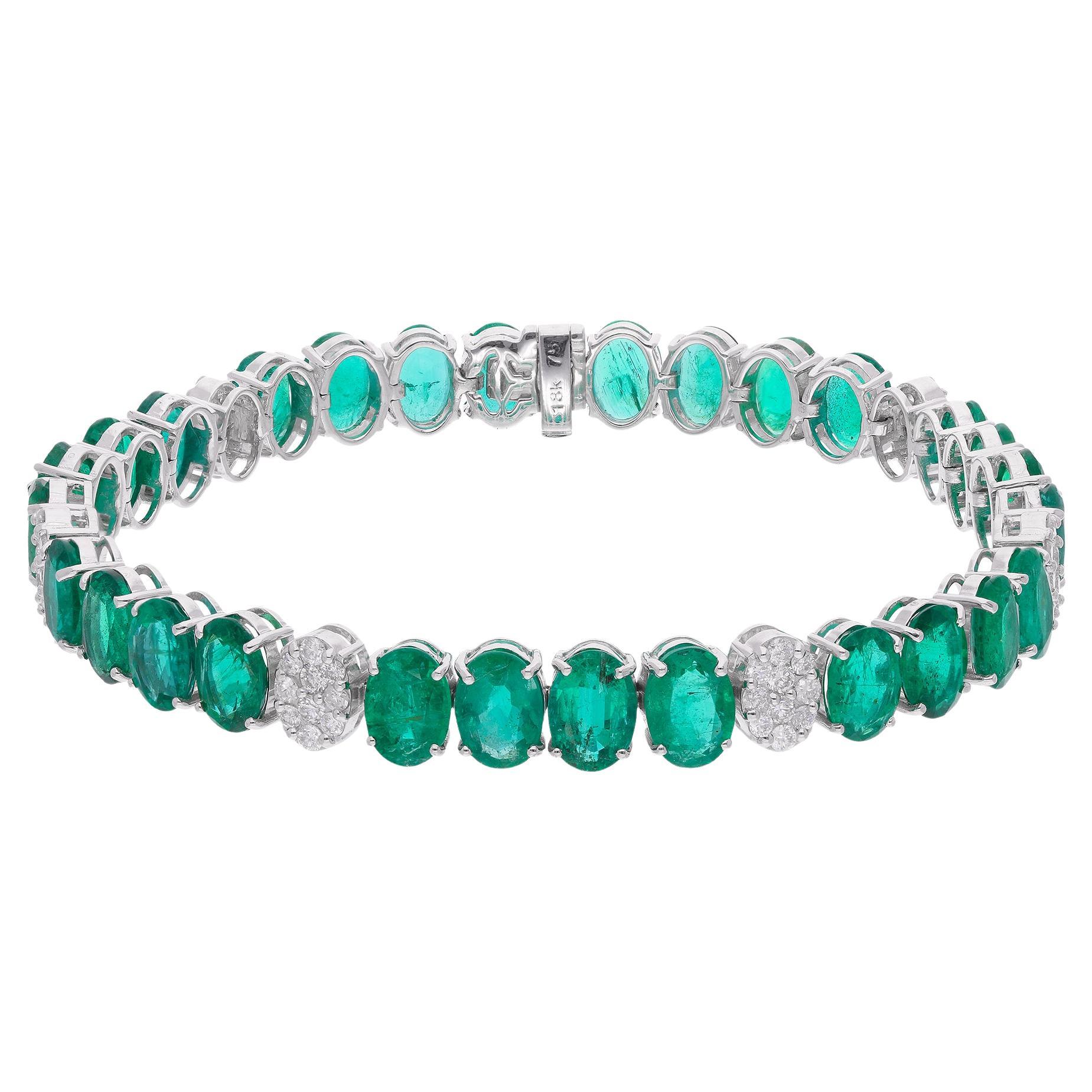 Oval Zambian Emerald Gemstone Bracelet Diamond Pave 18 Karat White Gold Jewelry For Sale