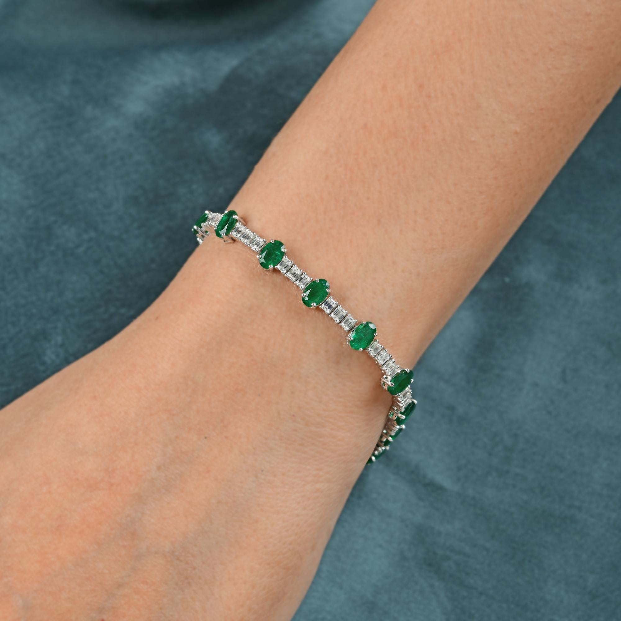 Modern Natural Oval Emerald Gemstone Bracelet Emerald Cut Diamond 18 Karat White Gold For Sale