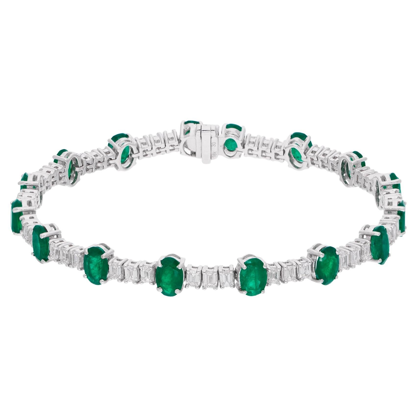 Natural Oval Emerald Gemstone Bracelet Emerald Cut Diamond 18 Karat White Gold For Sale