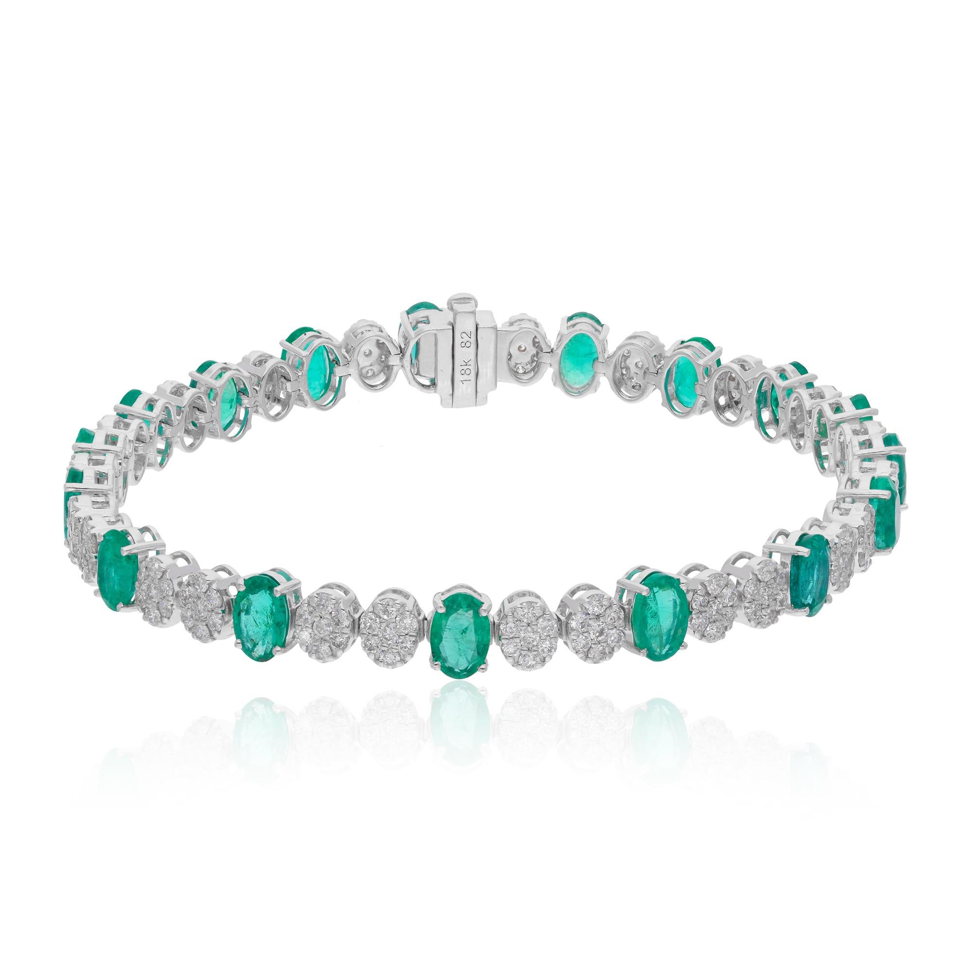 Modern Oval Zambian Emerald Gemstone Bracelet Pave Diamond 18 Karat White Gold Jewelry For Sale