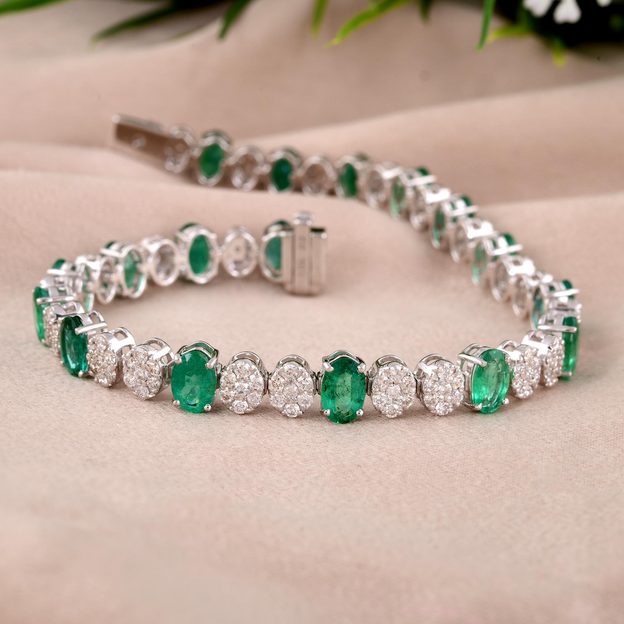 Oval Cut Oval Zambian Emerald Gemstone Bracelet Pave Diamond 18 Karat White Gold Jewelry For Sale