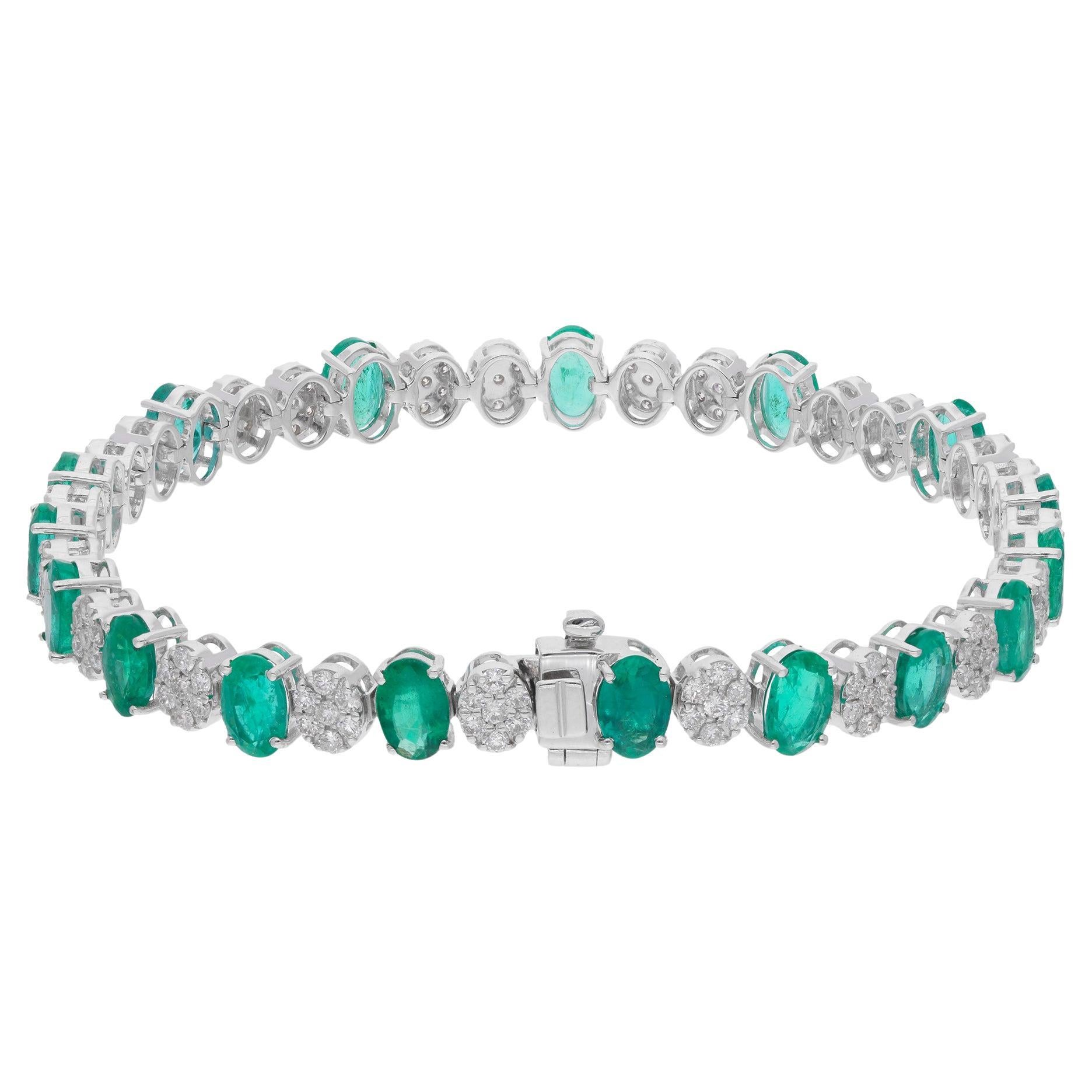 Oval Zambian Emerald Gemstone Bracelet Pave Diamond 18 Karat White Gold Jewelry For Sale