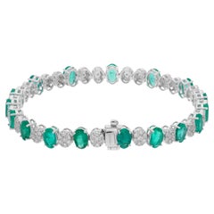 Oval Zambian Emerald Gemstone Bracelet Pave Diamond 18 Karat White Gold Jewelry